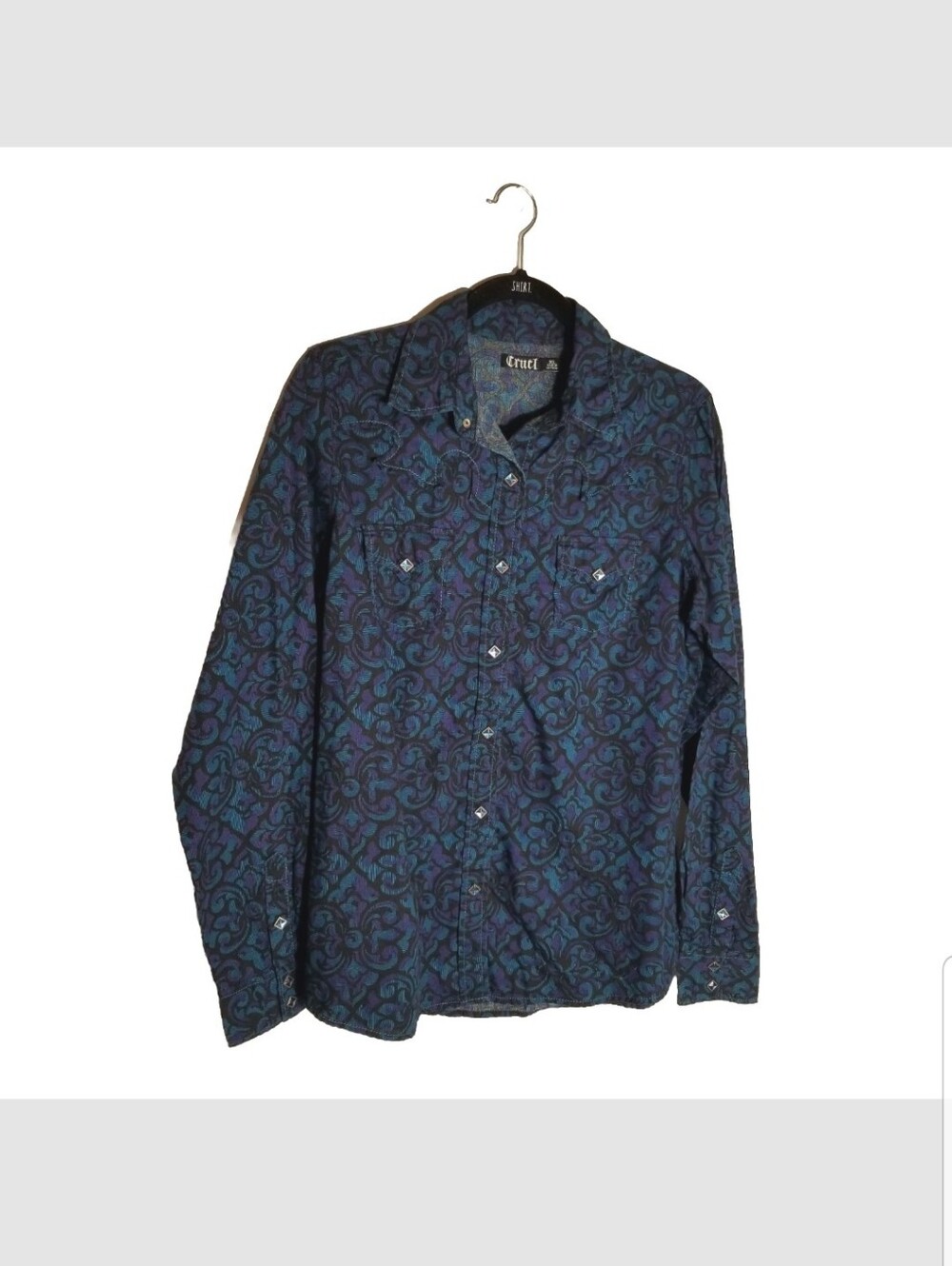 Cruel Western Shirt Women's XL Blue Purple Black Paisley 100% Cotton Pearl Snap